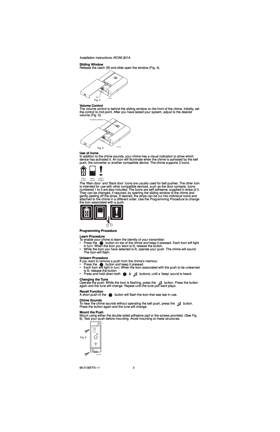 Honeywell Installation instructions-RCWL301A, Sliding Window, Volume Control, Use of Icons, Unlearn Procedure 