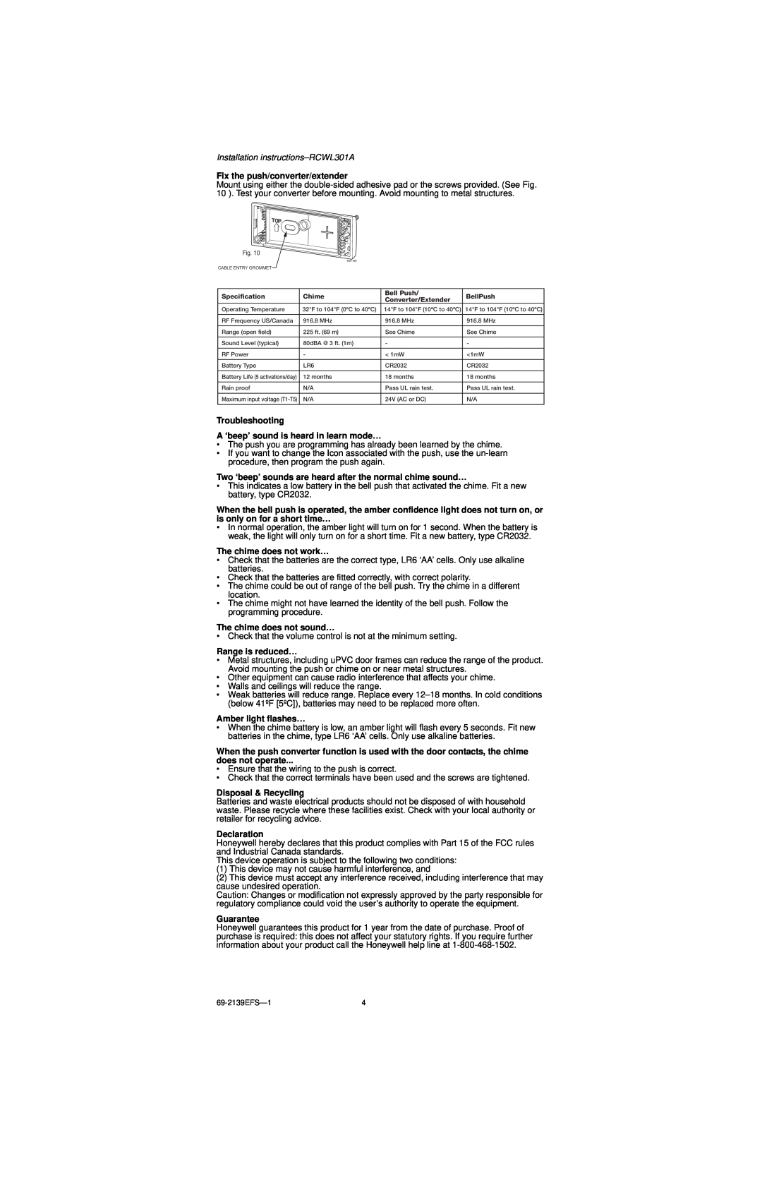 Honeywell instruction manual Installation instructions-RCWL301A, Fix the push/converter/extender 