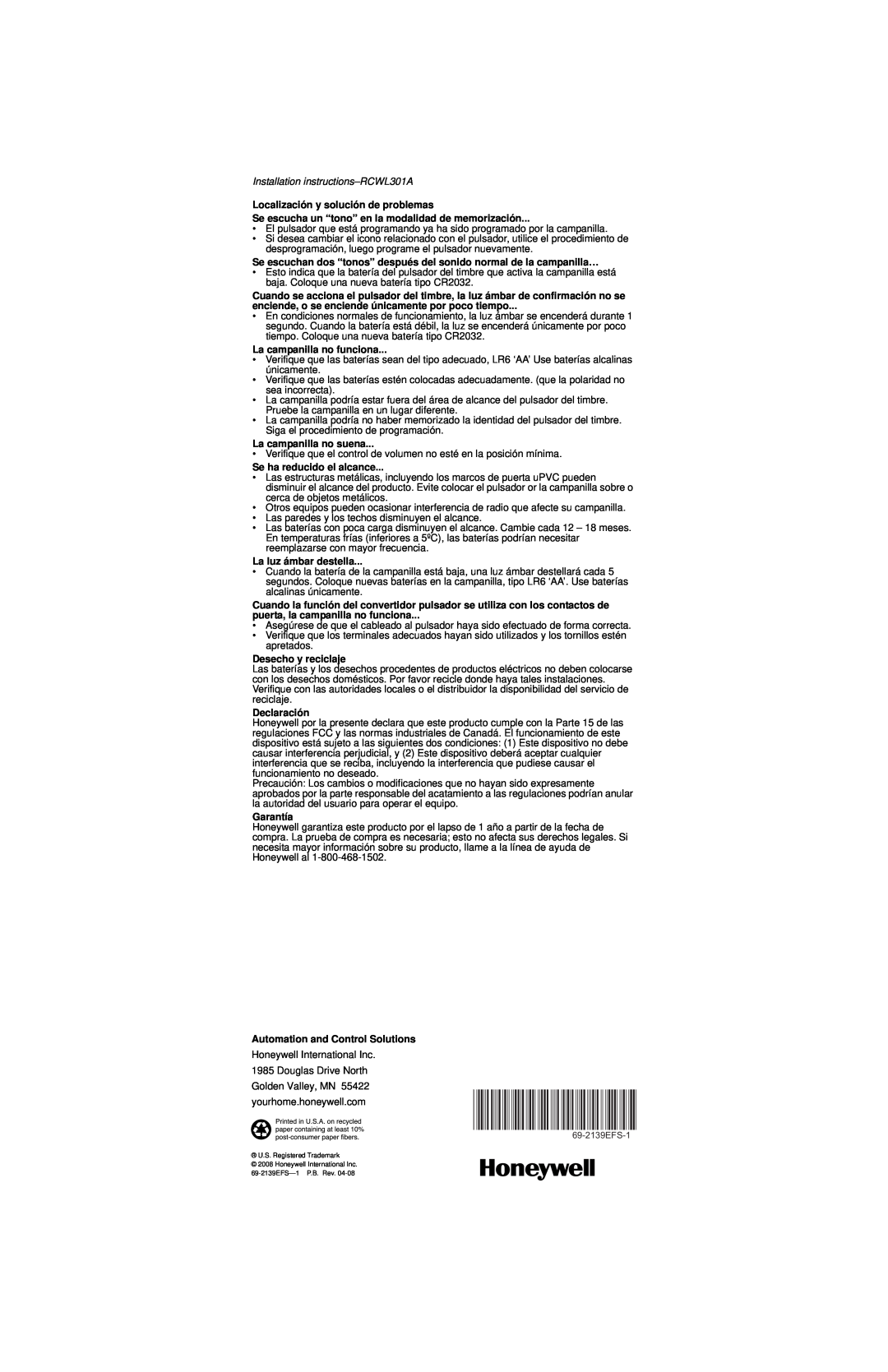 Honeywell instruction manual Installation instructions-RCWL301A, Localización y solución de problemas 