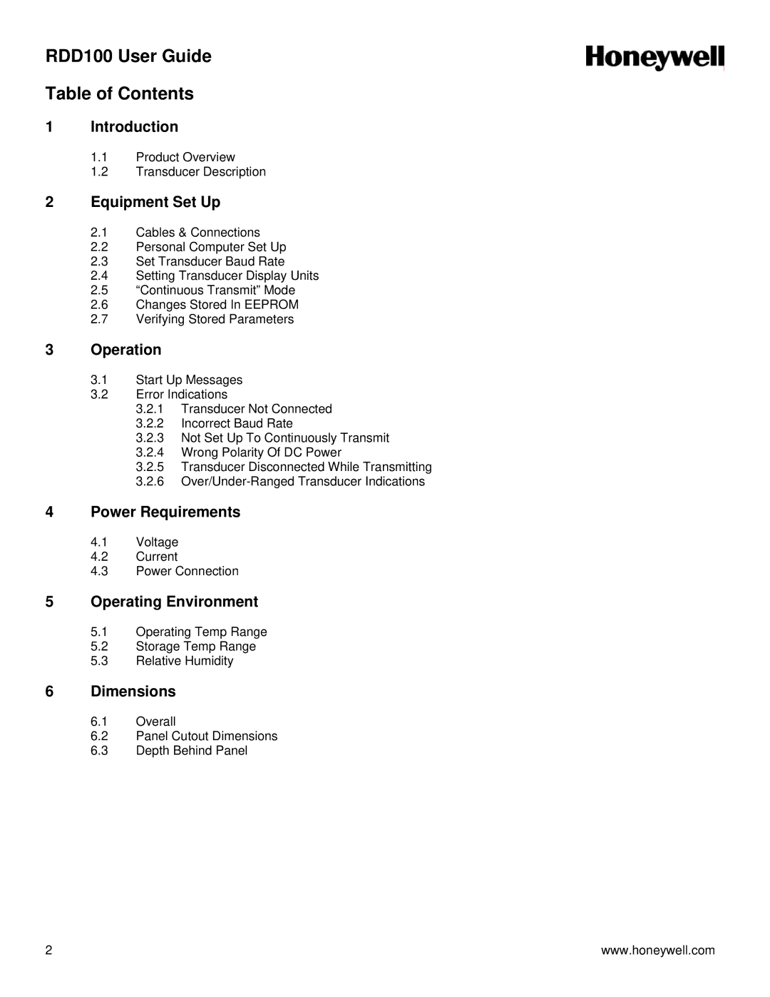 Honeywell user manual RDD100 User Guide Table of Contents 