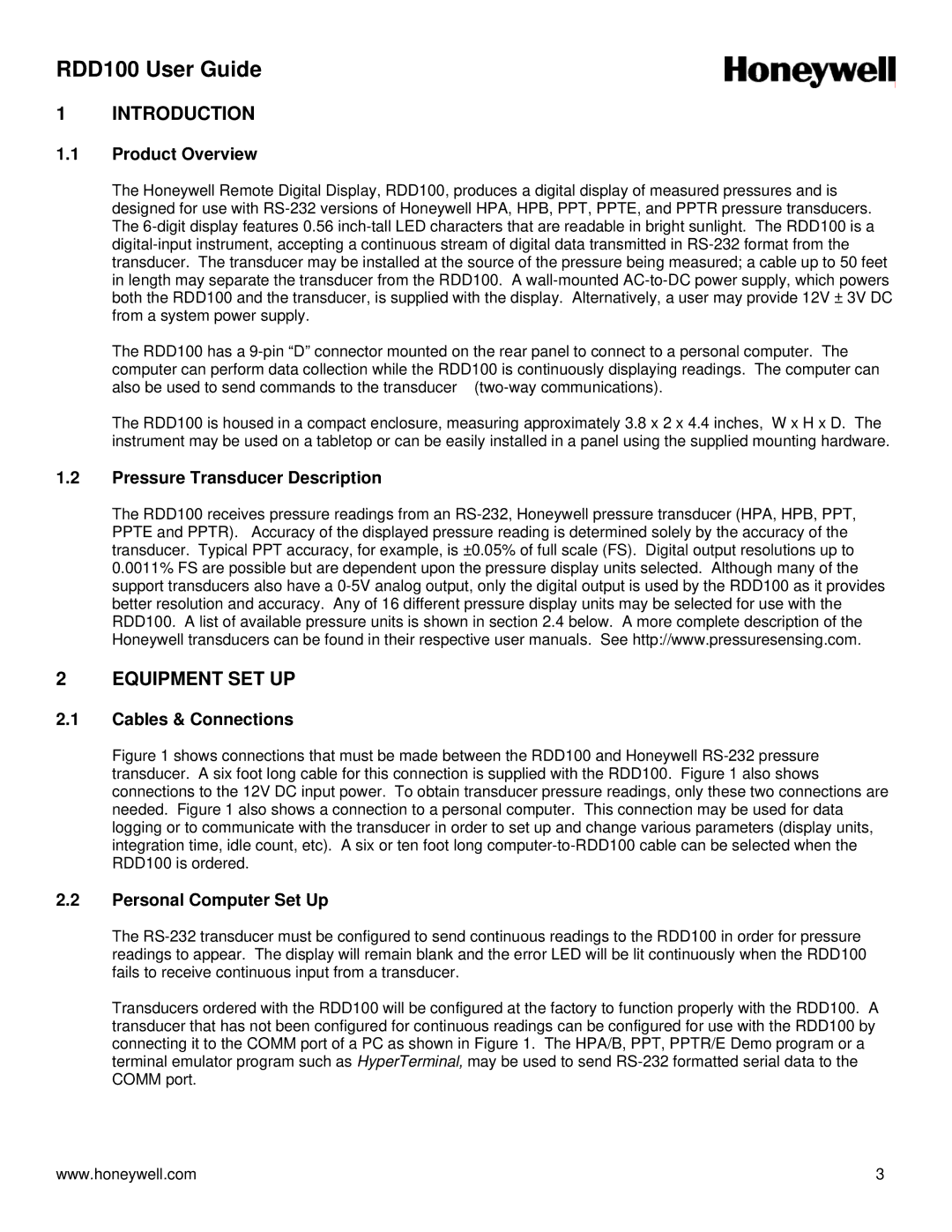 Honeywell user manual RDD100 User Guide, Introduction, Equipment SET UP 