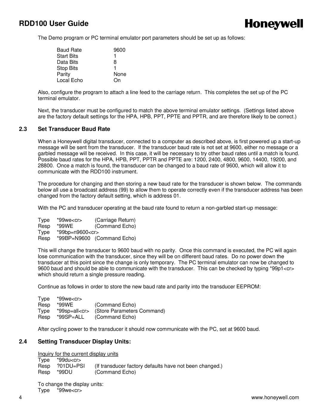 Honeywell RDD100 user manual Set Transducer Baud Rate, Setting Transducer Display Units 