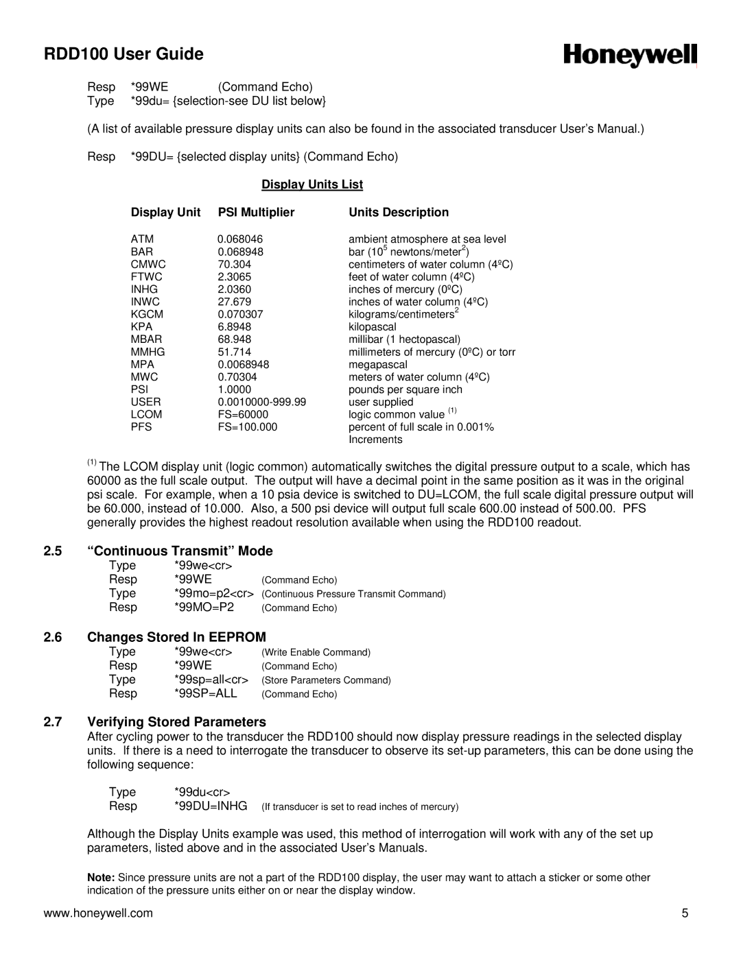 Honeywell RDD100 Continuous Transmit Mode, Changes Stored In Eeprom, Verifying Stored Parameters, Display Units List 