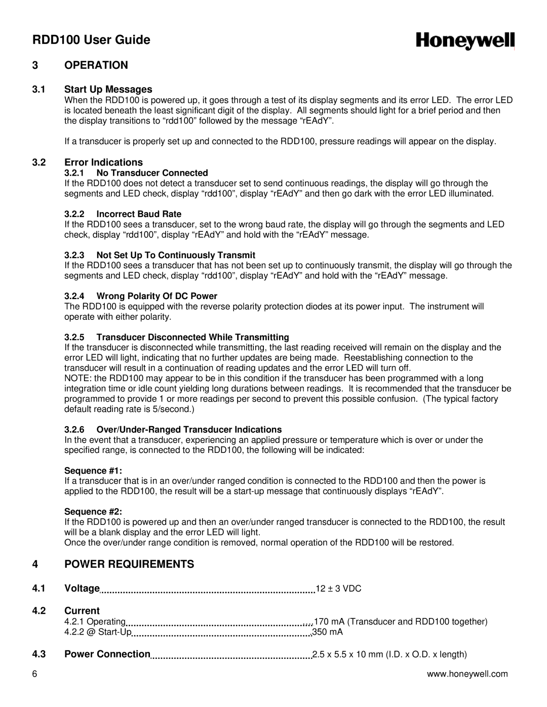 Honeywell RDD100 user manual Operation, Power Requirements 