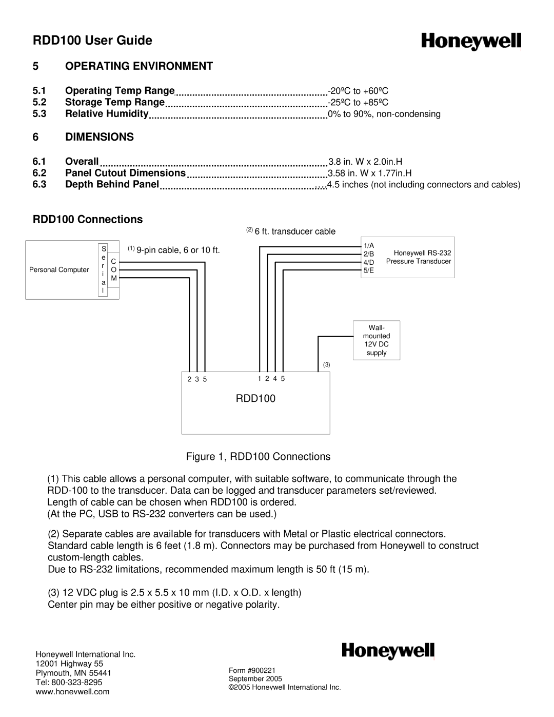 Honeywell user manual Operating Environment, Dimensions, RDD100 Connections 