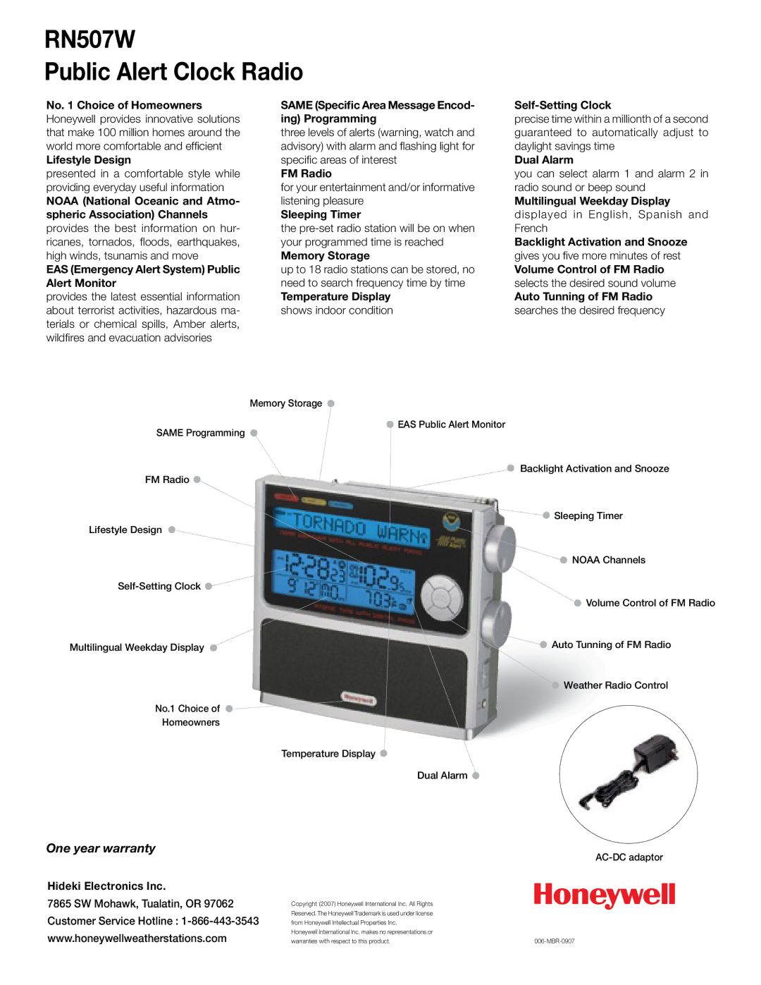 Honeywell manual RN507W Public Alert Clock Radio, One year warranty 