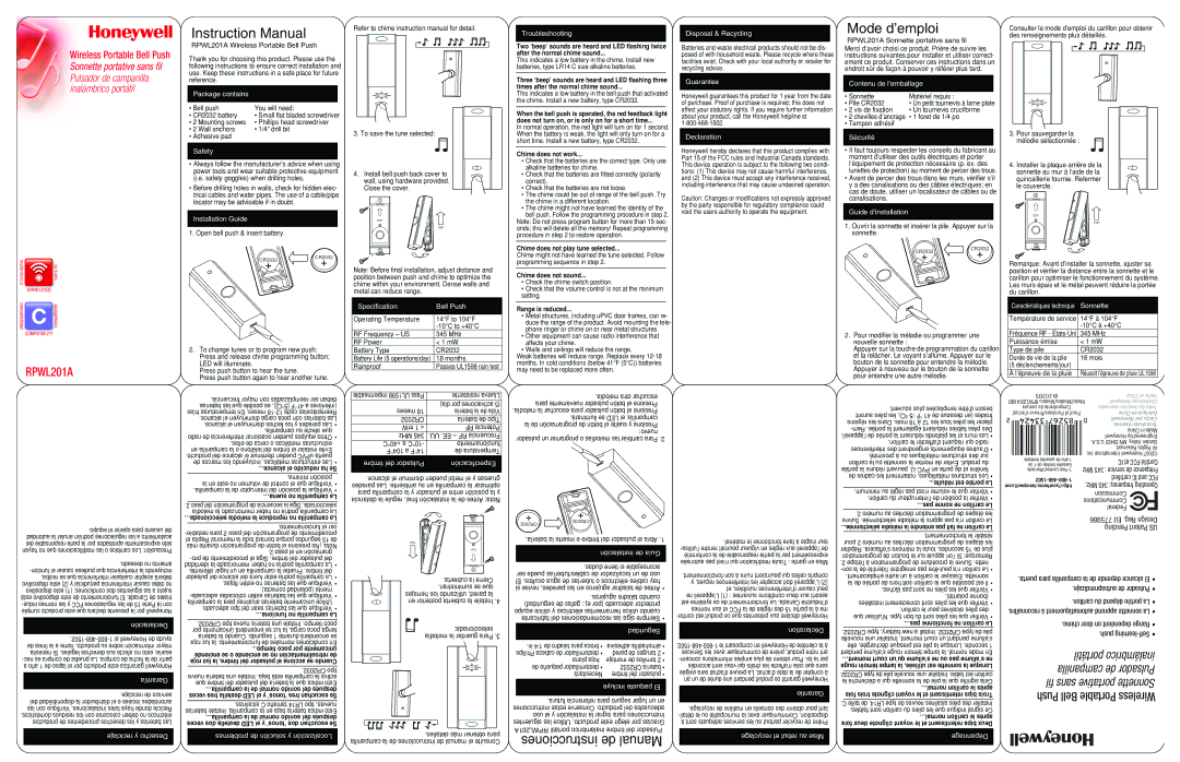 Honeywell RPWL201A instruction manual Package contains, Installation Guide, Specification Bell Push, Troubleshooting 