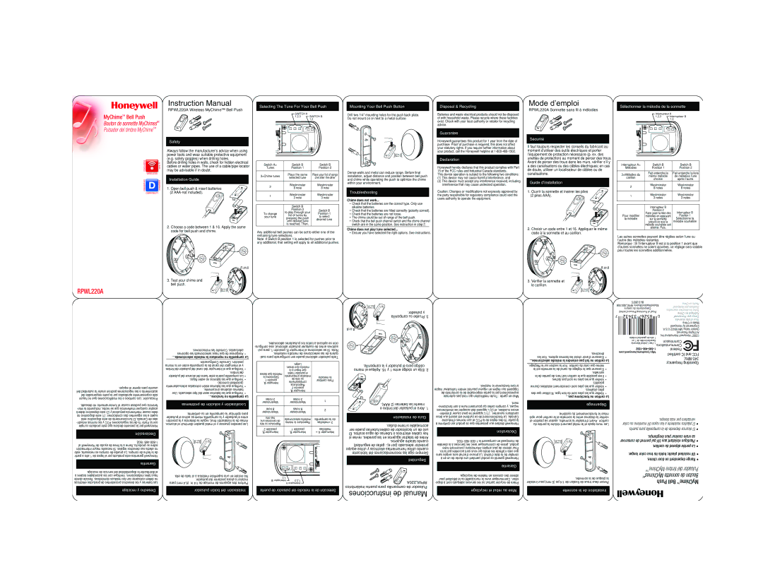 Honeywell RPWL220A instruction manual Sélectionner la mélodie de la sonnette, Safety, Installation Guide, Troubleshooting 