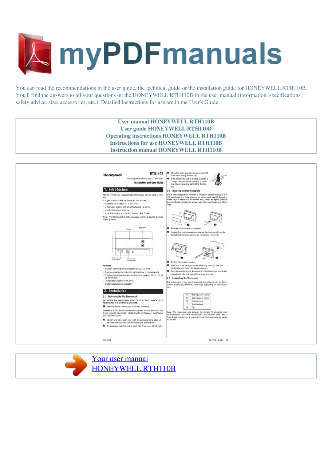 Honeywell user manual Honeywell RTH110B 