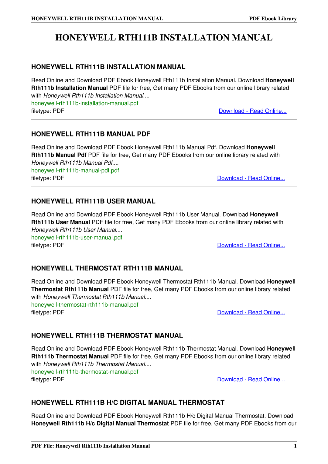 Honeywell installation manual Honeywell RTH111B Installation Manual, Honeywell Thermostat RTH111B Manual 