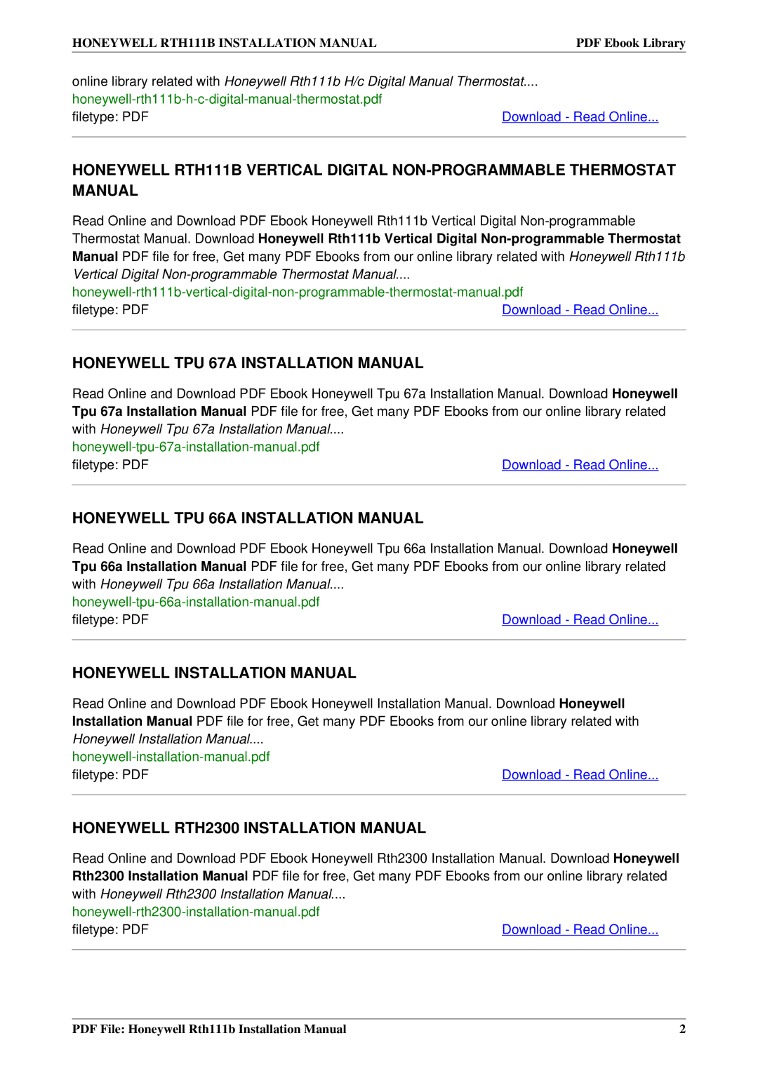 Honeywell RTH111B installation manual Honeywell TPU 66A Installation Manual, Honeywell Installation Manual 