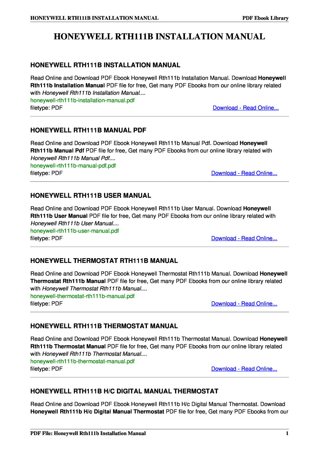 Honeywell installation manual HONEYWELL RTH111B INSTALLATION MANUAL, HONEYWELL RTH111B MANUAL PDF, filetype PDF 