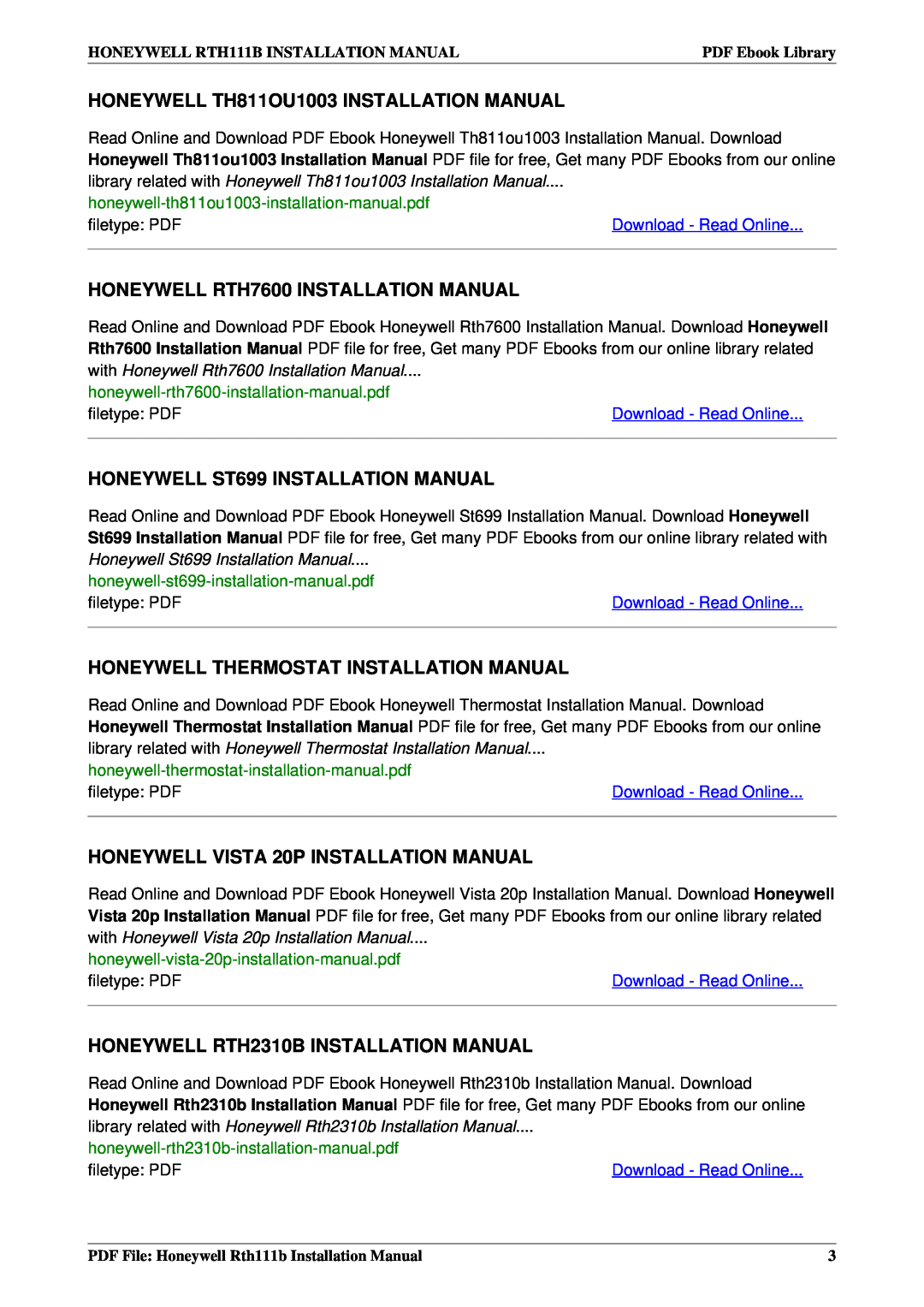 Honeywell RTH111B HONEYWELL TH811OU1003 INSTALLATION MANUAL, HONEYWELL RTH7600 INSTALLATION MANUAL, filetype PDF 