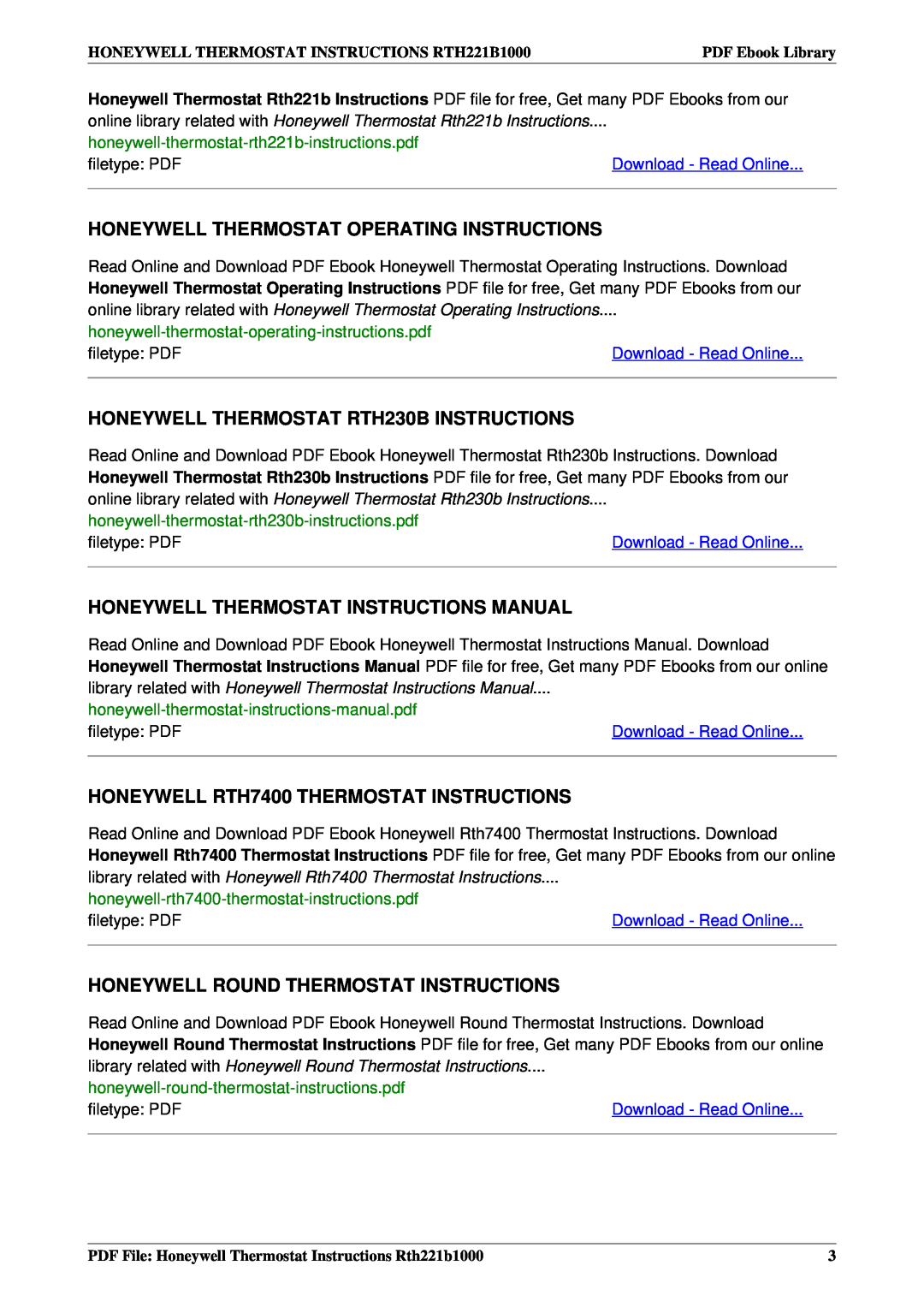 Honeywell RTH221B1000 Honeywell Thermostat Operating Instructions, HONEYWELL THERMOSTAT RTH230B INSTRUCTIONS, filetype PDF 