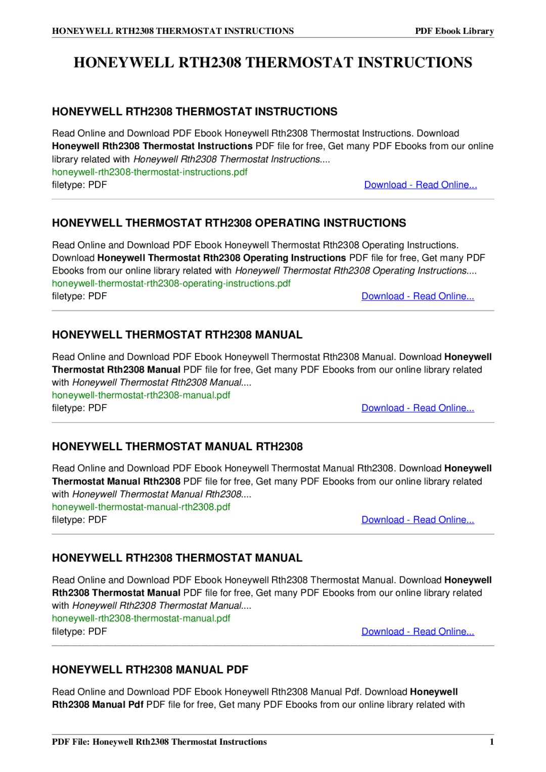 Honeywell manual Honeywell RTH2308 Thermostat Instructions, Honeywell Thermostat Manual RTH2308 