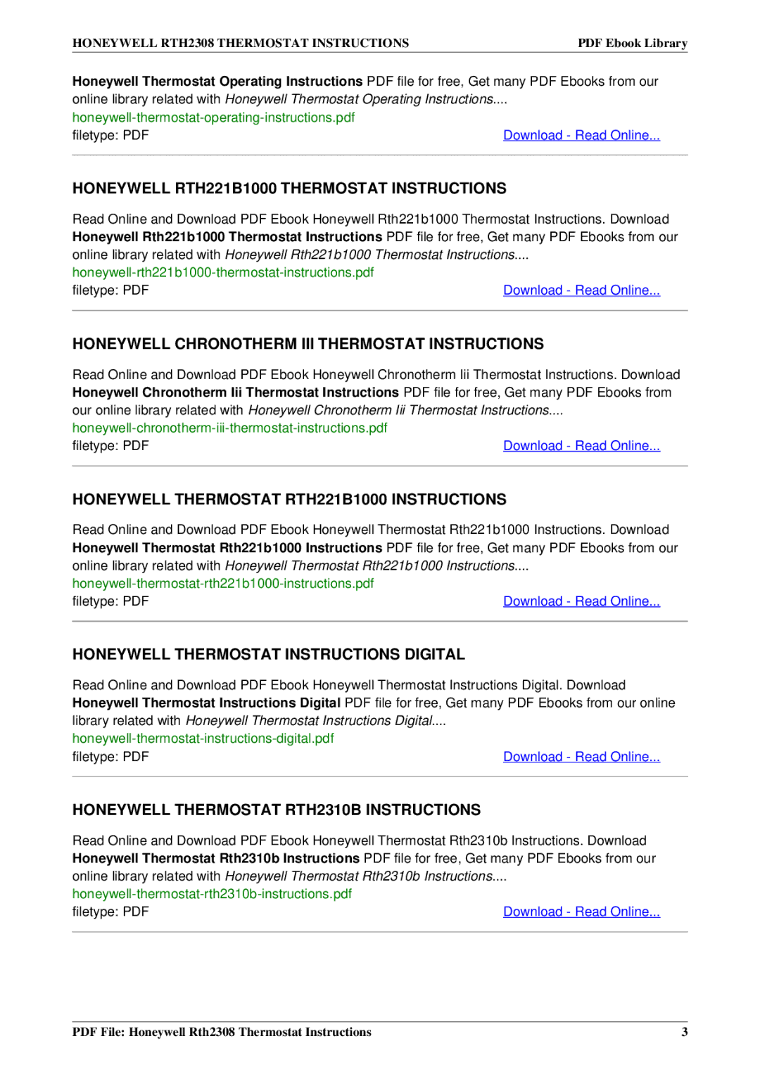 Honeywell RTH2308 manual Honeywell RTH221B1000 Thermostat Instructions, Honeywell Chronotherm III Thermostat Instructions 