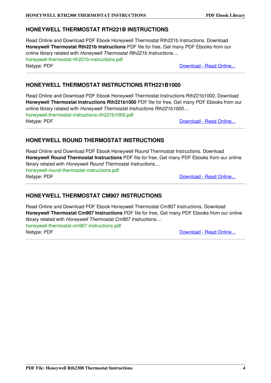 Honeywell RTH2308 manual Honeywell Thermostat RTH221B Instructions, Honeywell Thermostat CM907 Instructions 