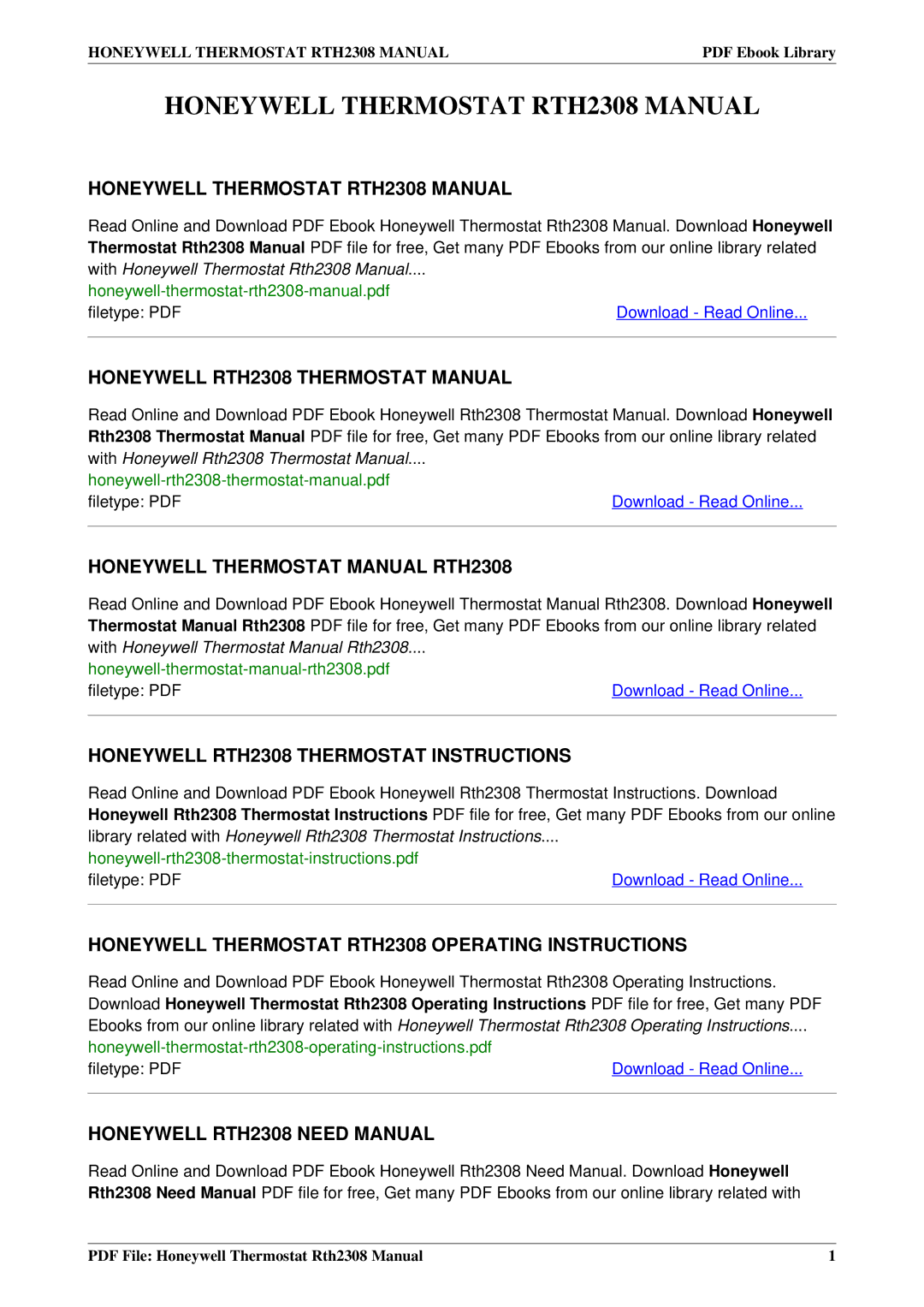 Honeywell manual Honeywell Thermostat RTH2308 Manual, Honeywell RTH2308 Thermostat Manual 