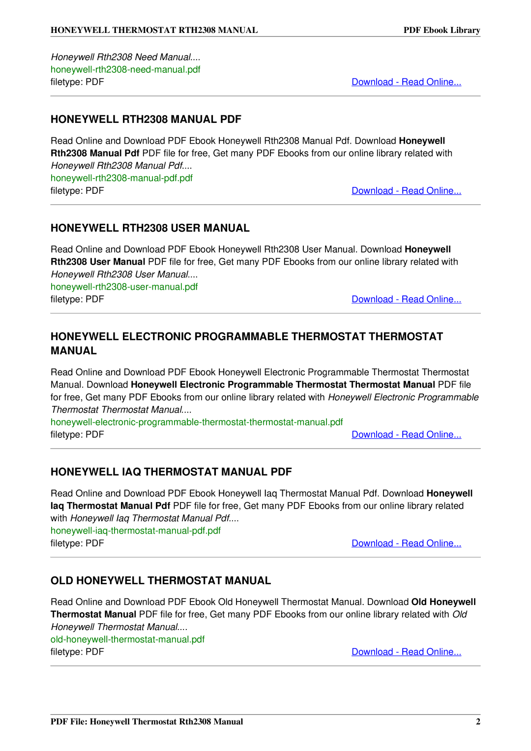 Honeywell RTH2308 manual OLD Honeywell Thermostat Manual 