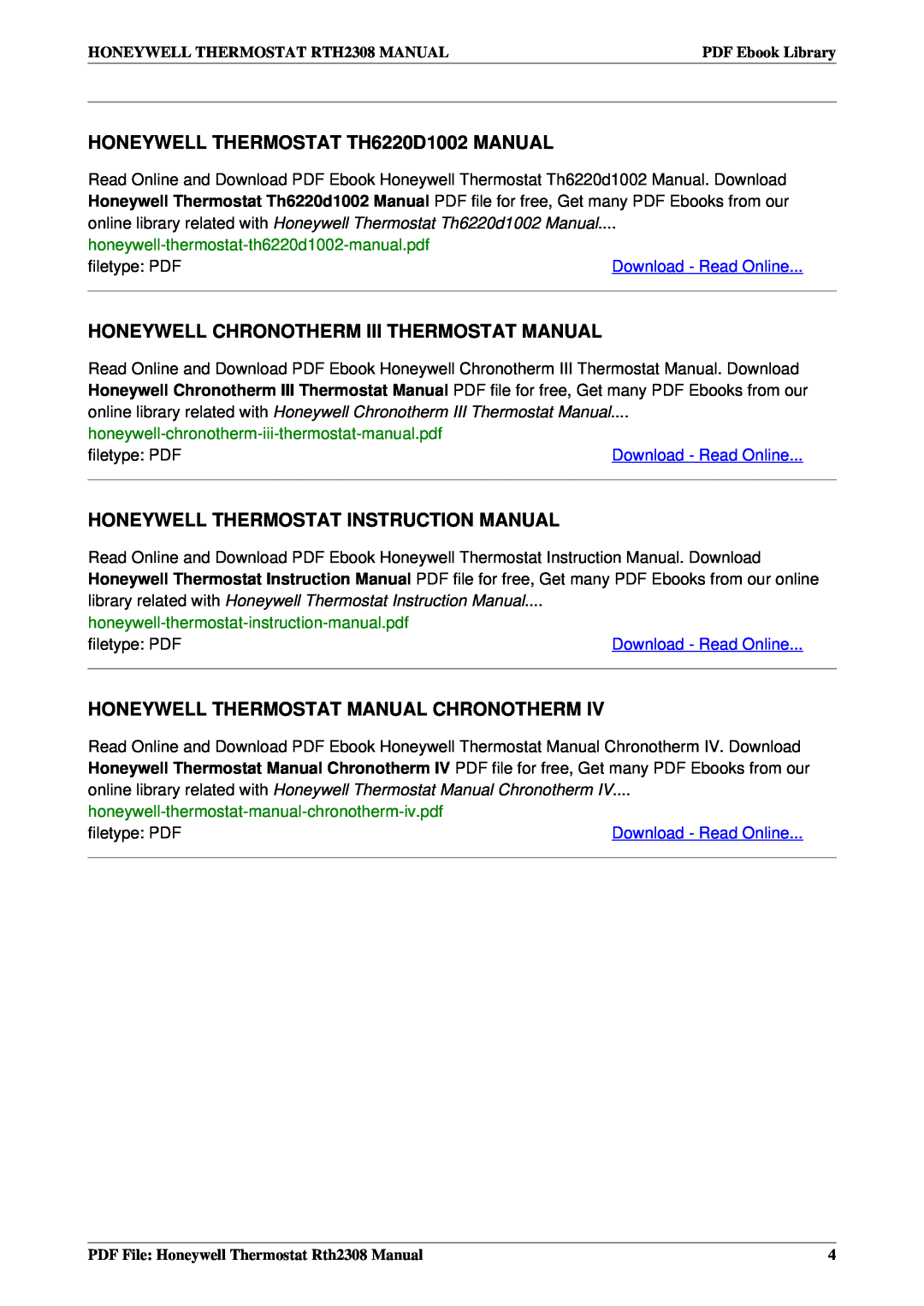 Honeywell RTH2308 manual HONEYWELL THERMOSTAT TH6220D1002 MANUAL, Honeywell Chronotherm Iii Thermostat Manual, filetype PDF 