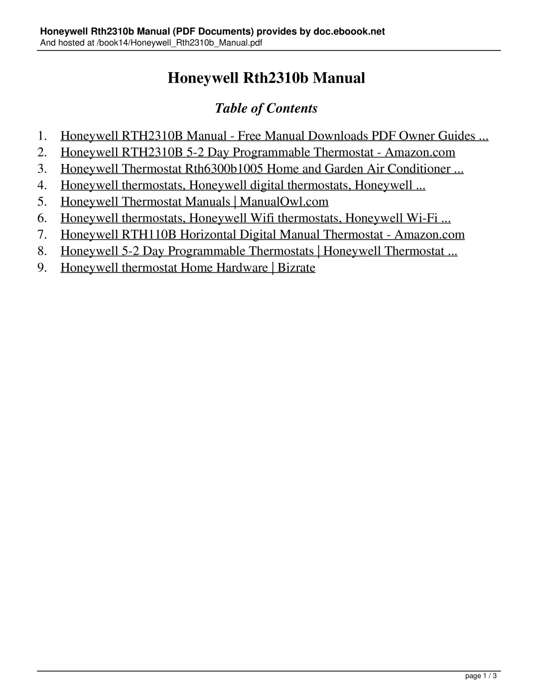 Honeywell manual Honeywell Rth2310b Manual, Table of Contents 