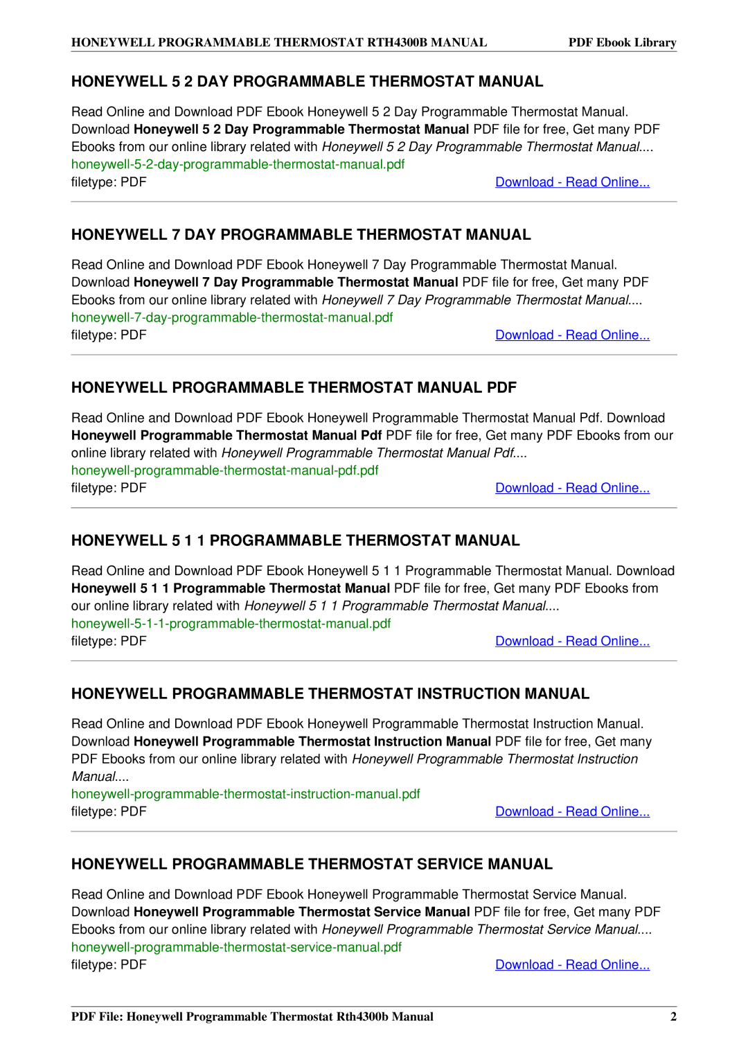 Honeywell RTH4300B manual Honeywell 5 2 DAY Programmable Thermostat Manual, Honeywell 7 DAY Programmable Thermostat Manual 