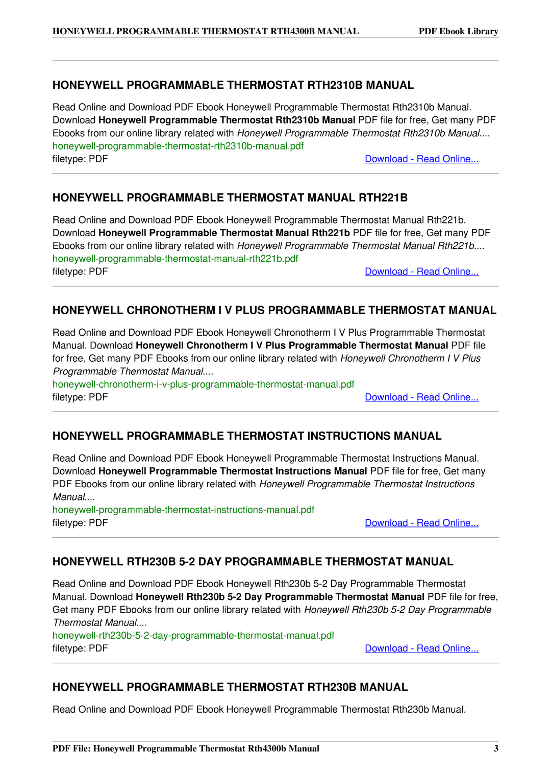 Honeywell RTH4300B Honeywell Programmable Thermostat RTH2310B Manual, Honeywell Programmable Thermostat RTH230B Manual 