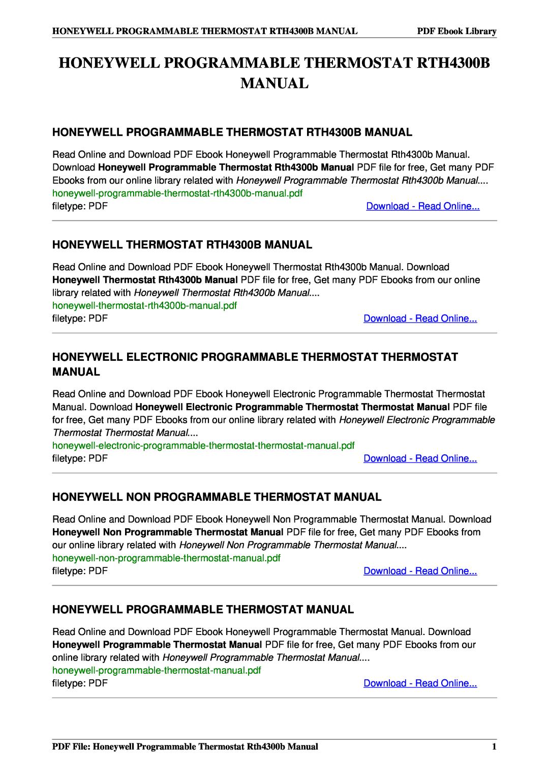 Honeywell manual HONEYWELL PROGRAMMABLE THERMOSTAT RTH4300B MANUAL, HONEYWELL THERMOSTAT RTH4300B MANUAL, filetype PDF 