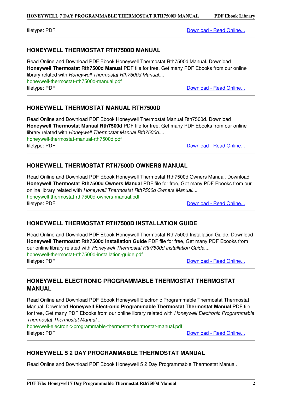Honeywell manual Honeywell Thermostat RTH7500D Manual 
