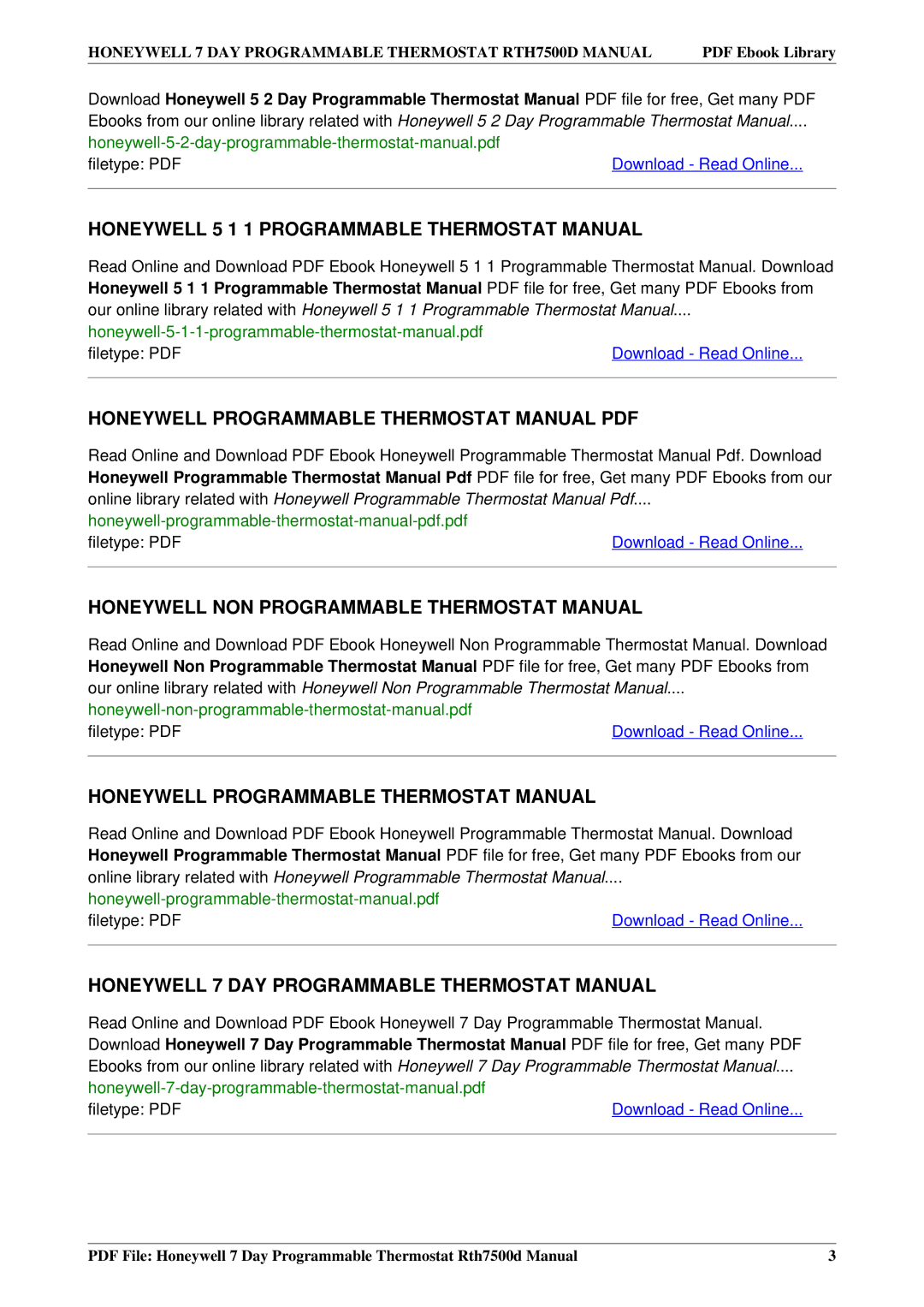 Honeywell RTH7500D manual Honeywell 5 1 1 Programmable Thermostat Manual 