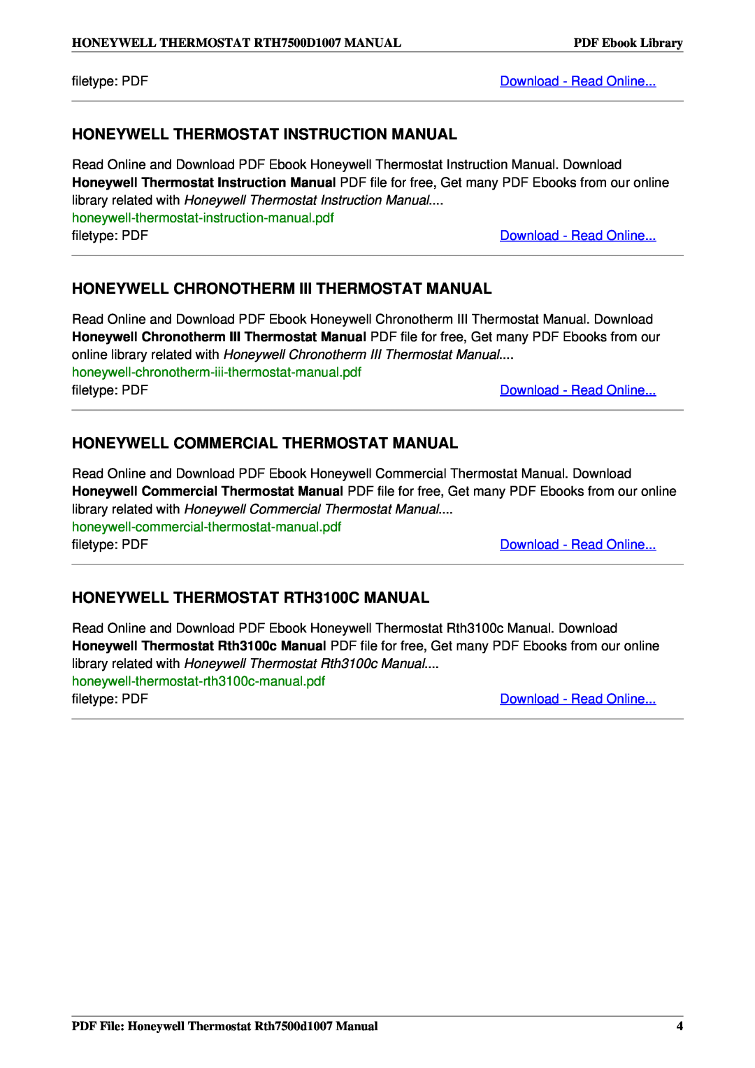 Honeywell RTH7500D1007 Honeywell Thermostat Instruction Manual, Honeywell Chronotherm Iii Thermostat Manual, filetype PDF 