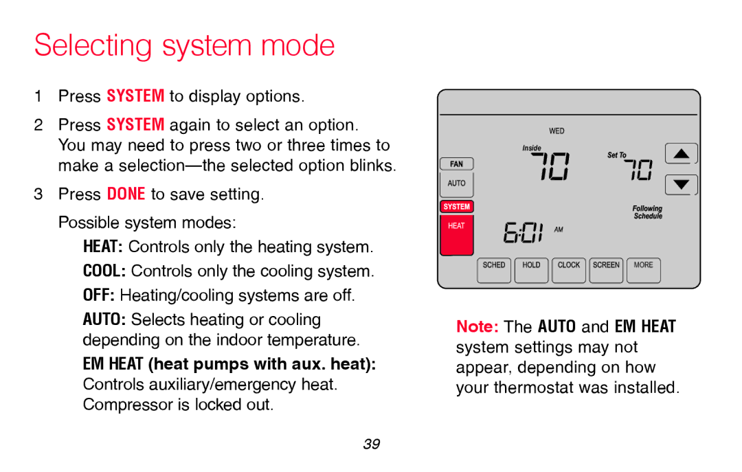 Honeywell RTH8580WF manual Selecting system mode, Press System to display options 