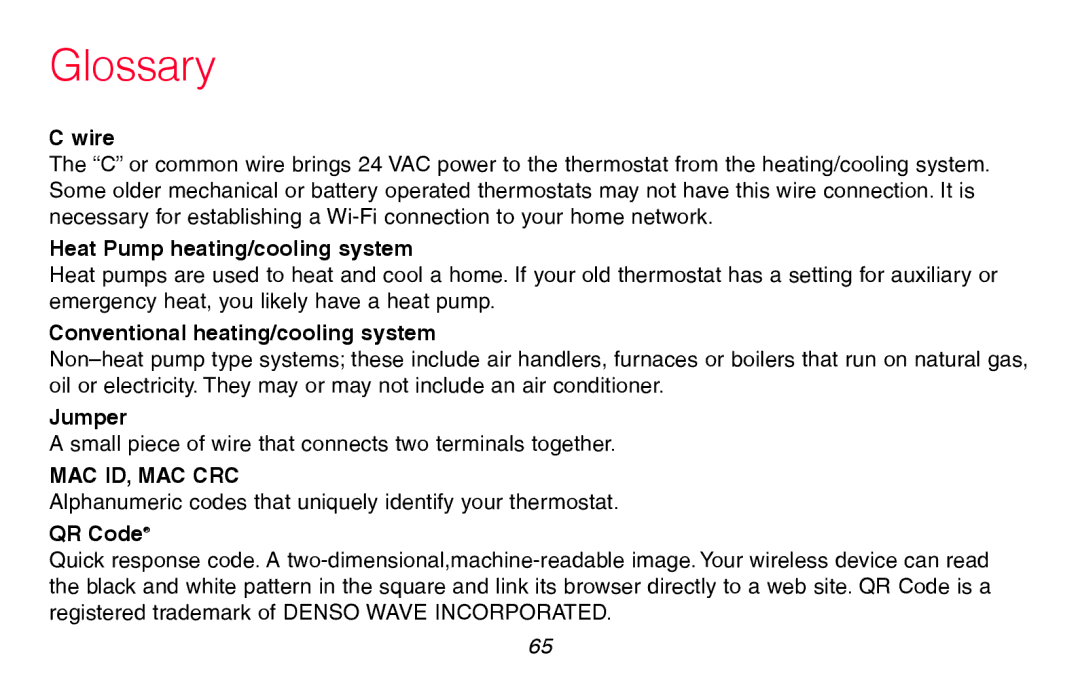 Honeywell RTH8580WF manual Glossary, Wire 