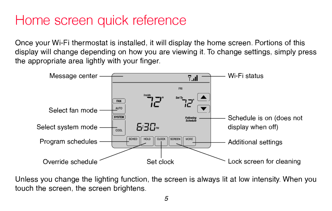 Honeywell RTH8580WF manual Home screen quick reference 