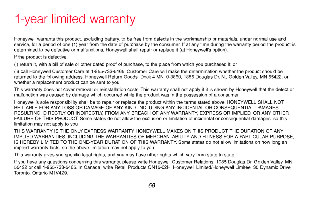 Honeywell RTH8580WF manual Year limited warranty 