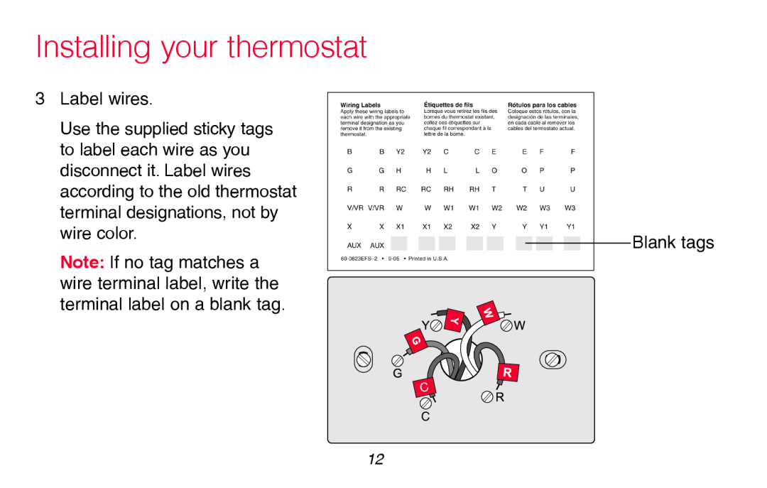 Honeywell RTH8580WF manual Installing your thermostat, Label wires, Note If no tag matches a, Blank tags 