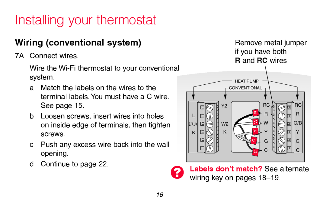 Honeywell RTH8580WF manual Wiring conventional system, Labels don’t match? See alternate wiring key on pages 