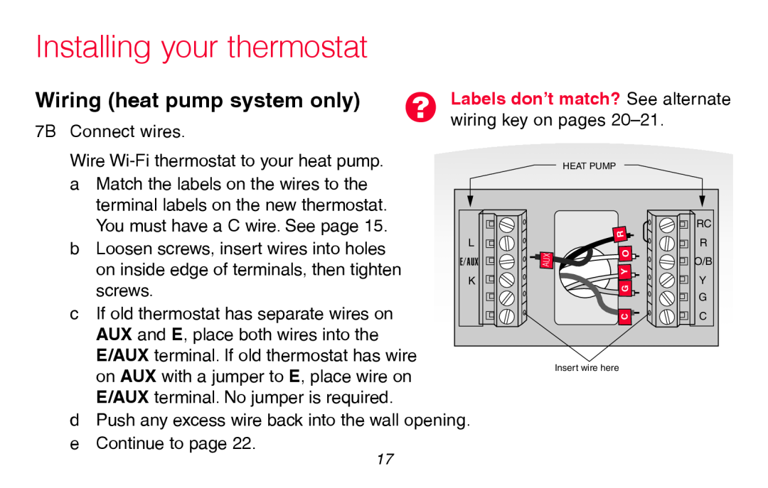 Honeywell RTH8580WF manual Wiring heat pump system only, Installing your thermostat 