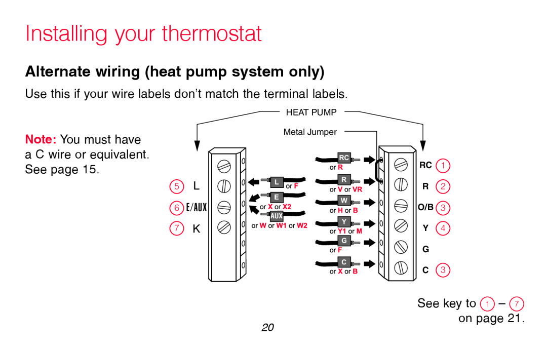Honeywell RTH8580WF Alternate wiring heat pump system only, Installing your thermostat, HEAT PUMP Metal Jumper, Rc R W 