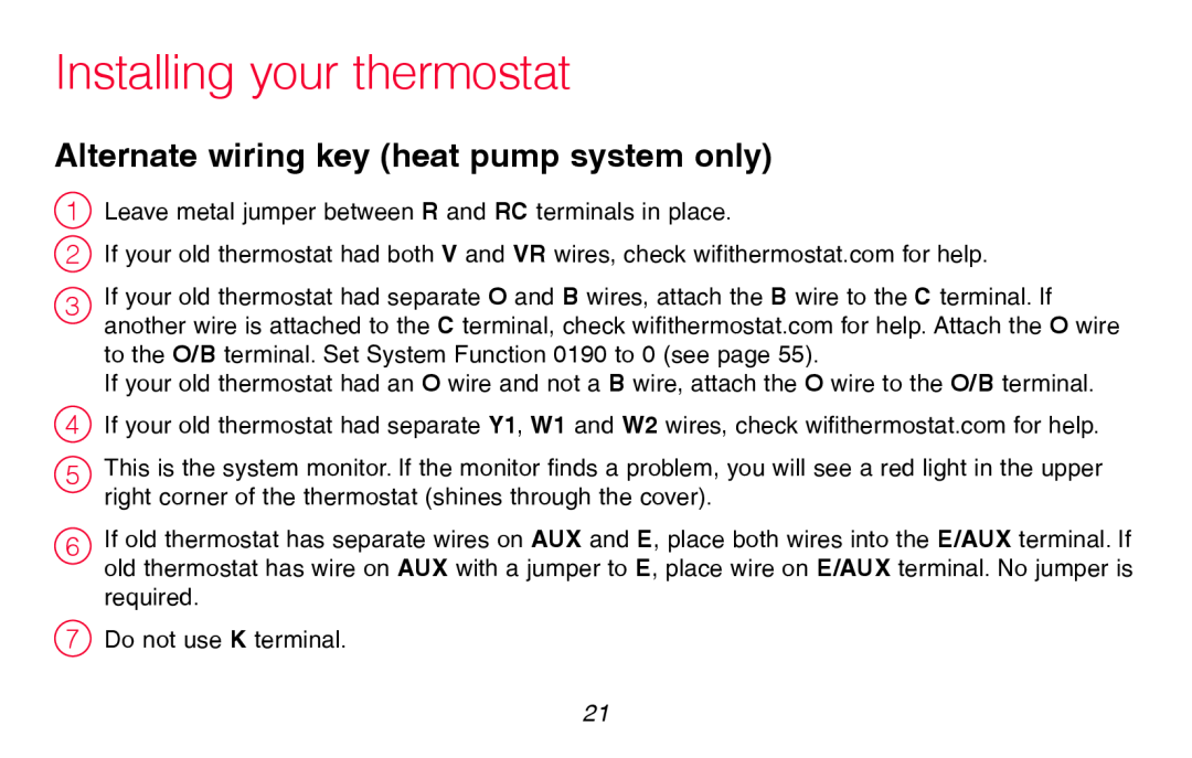 Honeywell RTH8580WF manual Alternate wiring key heat pump system only, Installing your thermostat 