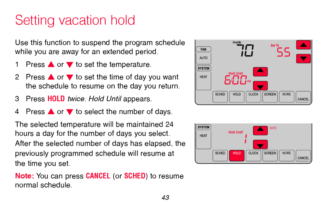 Honeywell RTH8580WF manual Setting vacation hold 