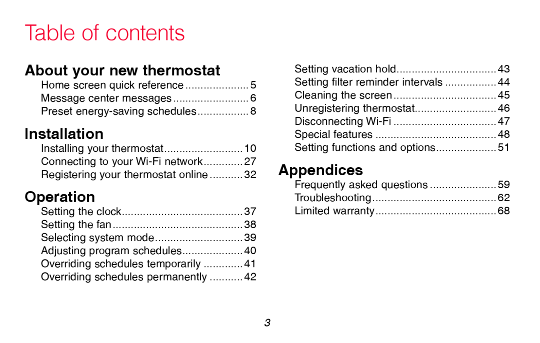 Honeywell RTH8580WF manual Table of contents, About your new thermostat, Installation, Operation, Appendices 