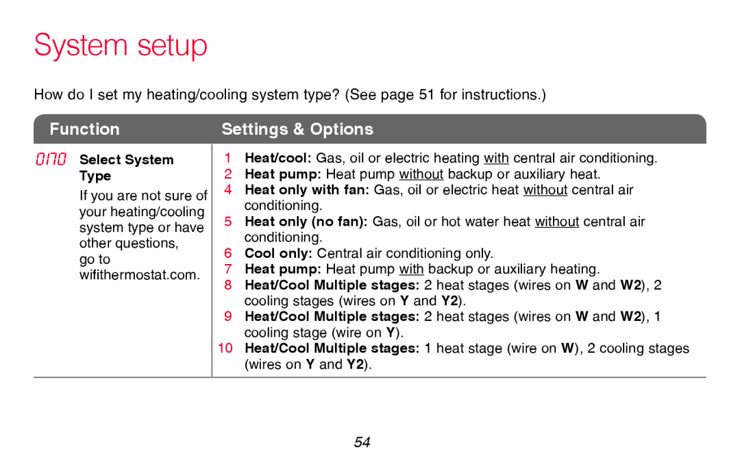Honeywell RTH8580WF manual System setup, Function, Settings & Options, Select System Type 