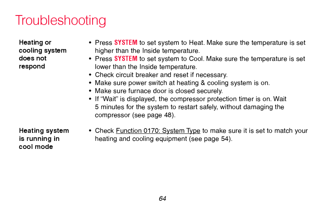 Honeywell RTH8580WF manual Troubleshooting, Heating or cooling system does not respond 