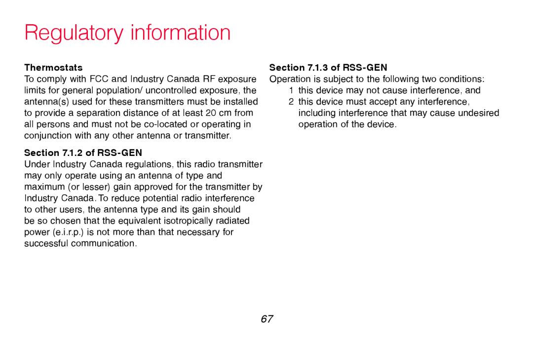 Honeywell RTH8580WF manual Regulatory information, Thermostats, 1.2 of RSS-GEN, 1.3 of RSS-GEN 