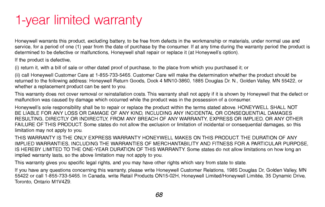 Honeywell RTH8580WF manual year limited warranty 