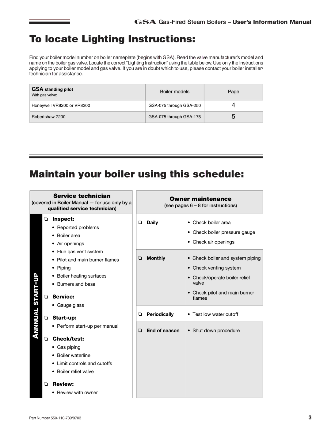 Honeywell RVGP manual To locate Lighting Instructions, Maintain your boiler using this schedule 