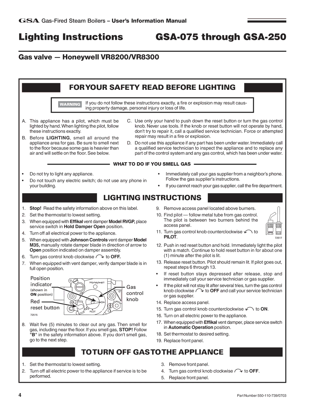 Honeywell RVGP manual Lighting Instructions GSA-075 through GSA-250, Foryour Safety Read Before Lighting 