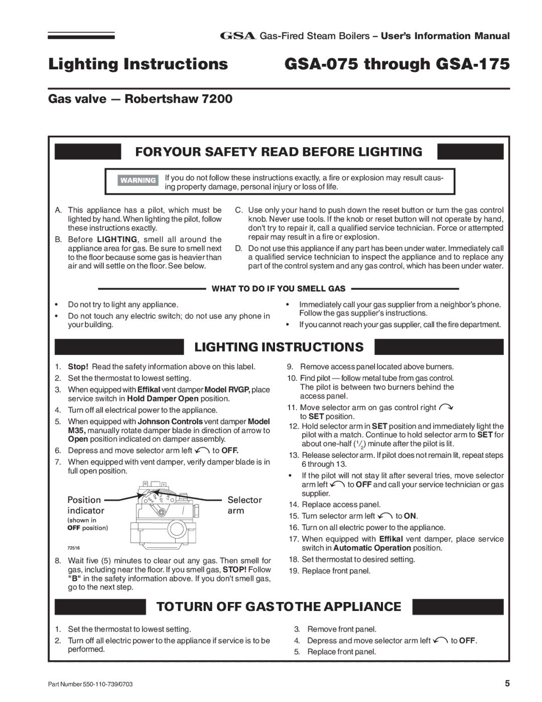 Honeywell RVGP manual Lighting Instructions GSA-075 through GSA-175 