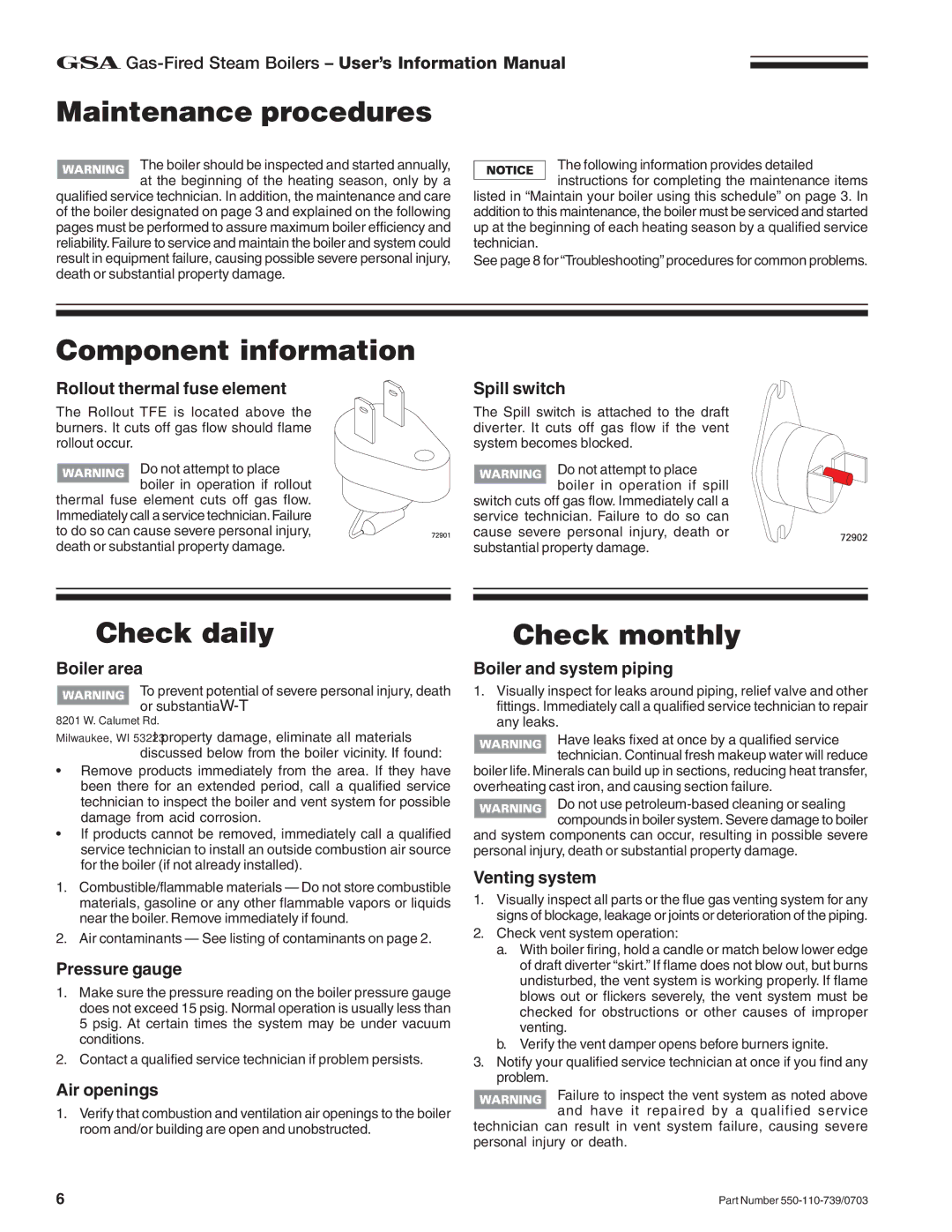 Honeywell RVGP manual Maintenance procedures, Component information, Check daily, Check monthly 